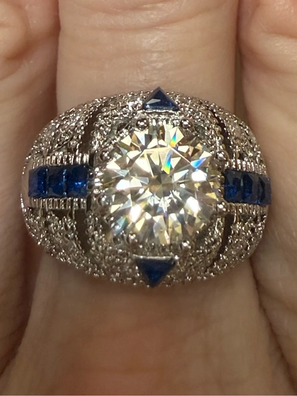 Vintage GRA CERTIFIED MOISSANITE DIAMOND 2CT & Sapphire Ring in baked silver